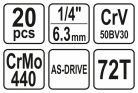 Dugókulcs készlet 20 részes 3,5-14-ig 1/4 col CrV YATO